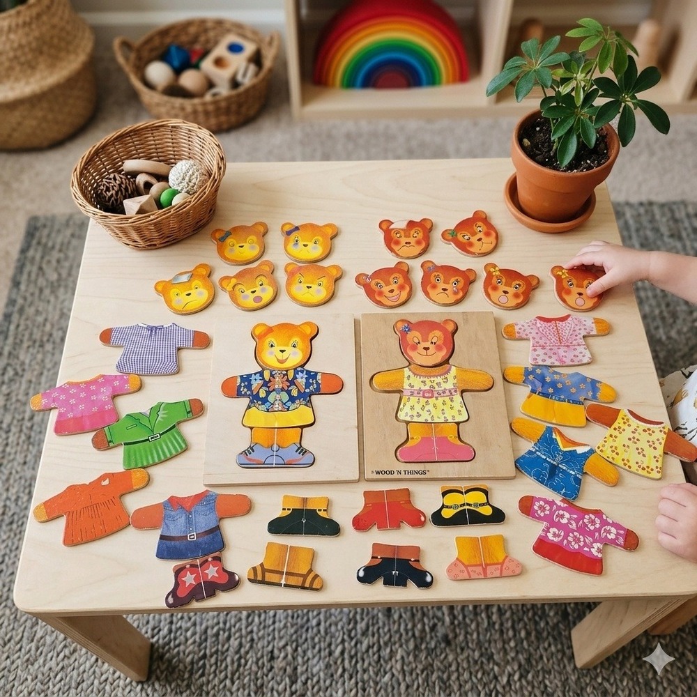 Vintage Wood N Things Dress Up Bear Puzzle Set Mix Match Montessori Toy Lot
